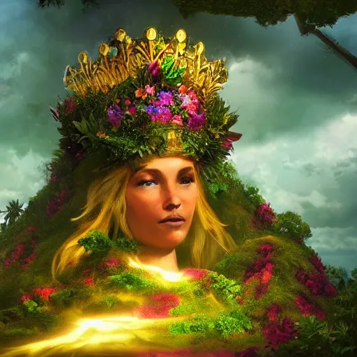 Image similar to Mother Nature with a crown made of flowers towering over a tropical island, Dramatic Lighting, Trending on Artstation HQ, 4K, UHD.