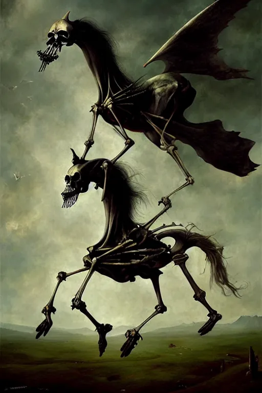 Image similar to hieronymus bosch, greg rutkowski, anna podedworna, painting of a flying evil skeletal horse