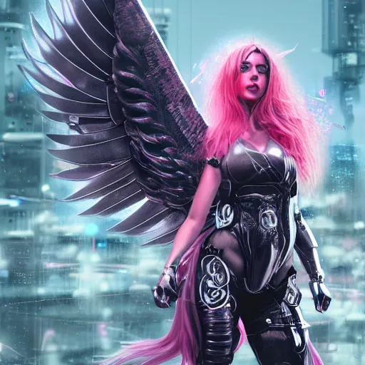 Prompt: cyberpunk valkyrie woman with wings made of metal and pink and silver armor, flowing hair, cityscape, protesting signs, fighting, artstation, realistic, high detail digital painting, artstation,