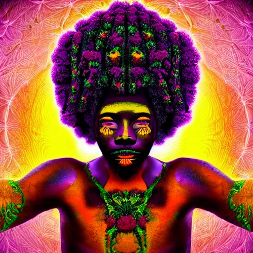 Prompt: symmetry!!, an african marijuanna shaman with an afro made of flowers, third eye art art by machina infinitum, complexity from simplicity, rendered in octane, mandelbulb 3 d, ambient occlusion, macro photography, felt!!! texture, tribal, neon! retrowave