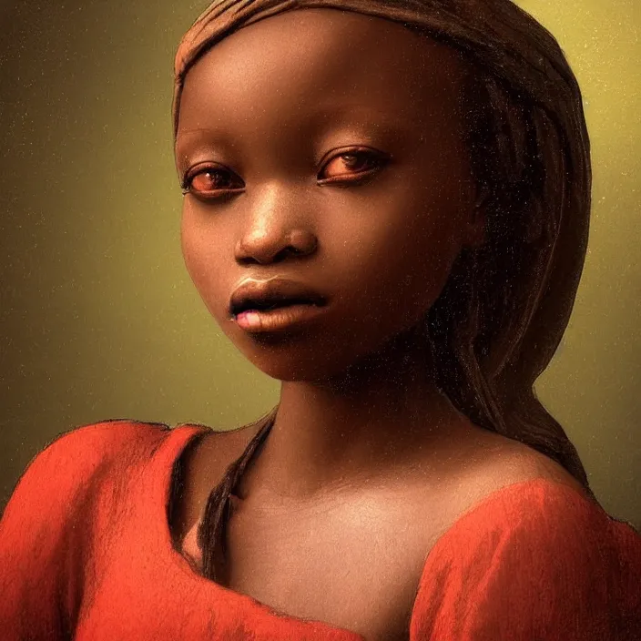 Image similar to a painting of a African girl by Leonardo da Vinci . dramatic angle, ethereal lights, details, smooth, sharp focus, illustration, realistic, cinematic, artstation, award winning, rgb , unreal engine, octane render, cinematic light, macro, depth of field, blur, red light and clouds from the back, highly detailed epic cinematic concept art CG render made in Maya, Blender and Photoshop, octane render, excellent composition, dynamic dramatic cinematic lighting, aesthetic, very inspirational, arthouse.