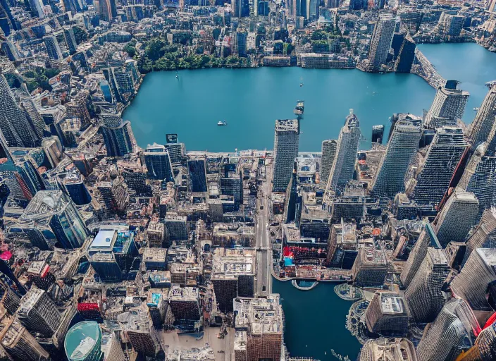 Image similar to a giant lake in the middle of times square, birds eye photograph, 8 k resolution, sharp focus, wide angle, hyper - detailed, 8 5 mm photograph