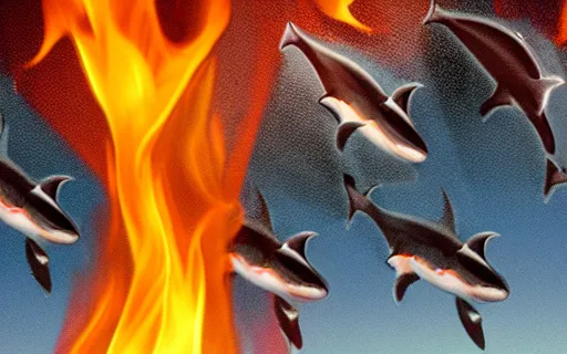 Prompt: photo of a fire spout with sharks in it, sharknado,