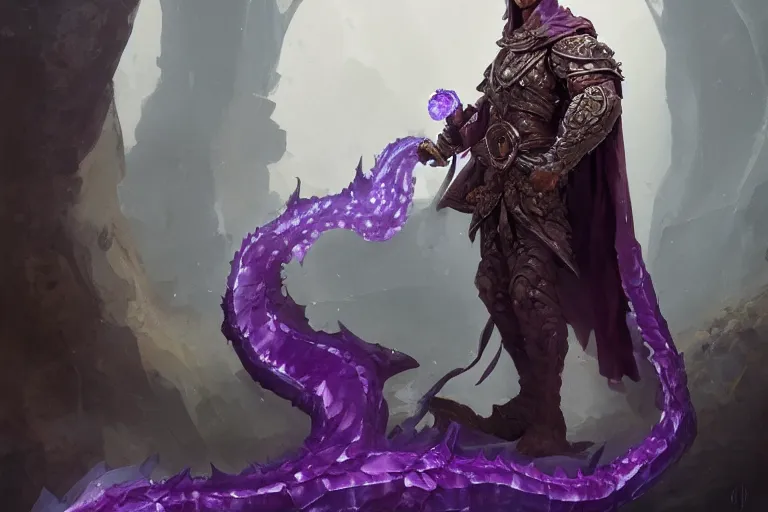 Prompt: a cleric gem with features of purple crystal dragon looking to the side, wearing cleric cloak, arms raised, a concept art in style of Greg Rutkowski, John Singer Sargant, painted by Frank Frazetta, trending on artstation