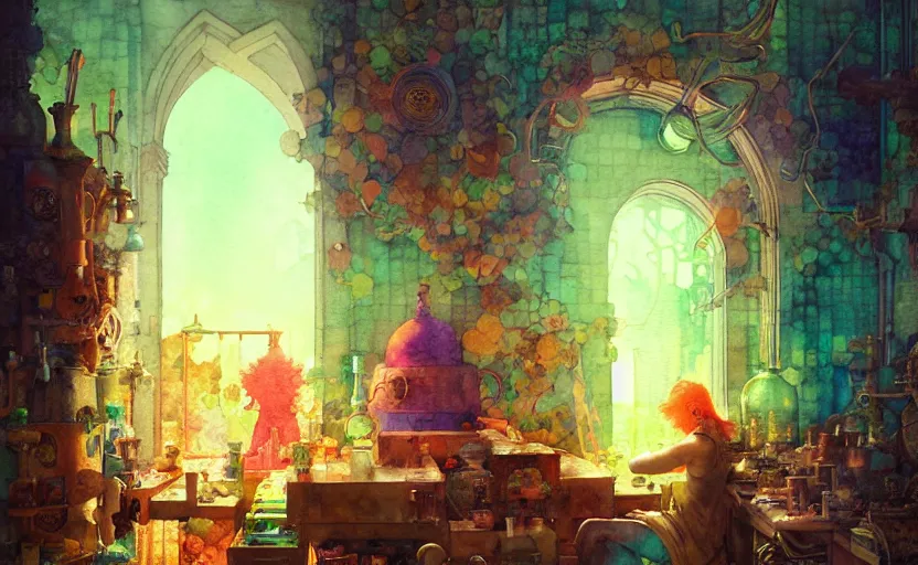 Image similar to alchemy laboratory, fantasy. intricate, amazing composition, colorful watercolor, by ruan jia, by maxfield parrish, by marc simonetti, by hikari shimoda, by robert hubert, by zhang kechun, illustration, gloomy