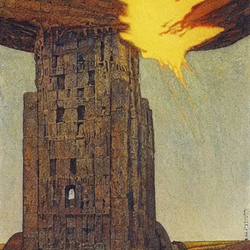 Image similar to a medieval tower exploding and crumbling, the tower tarot card, larry elmore, nc wyeth