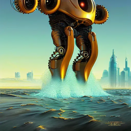 Image similar to aquatic alien in mechanical exoskeleton designed by jony ive in cybercity, golden hour, poster by michael whelan and gilbert williams and evgeny lushpin and artgerm and alena aenami, 3 0 mm, well proportioned, highly detailed, rule of thirds, long exposure