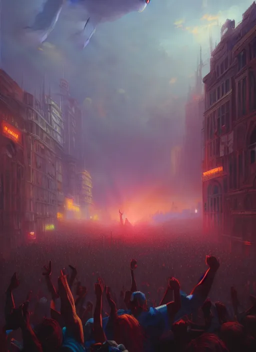 Image similar to painting of a crowd with raised arms pointing toward, demonstration in city, cinematic view, epic sky, detailed, concept art, low angle, high detail, warm lighting, volumetric, godrays, vivid, beautiful, trending on artstation, by jordan grimmer, huge scene, art greg rutkowski