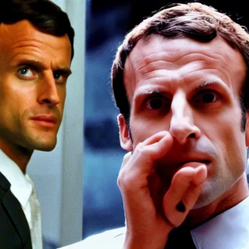 Prompt: Emmanuel Macron wearing Hawaiian shirt in American Psycho (1999)