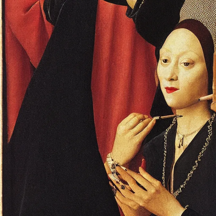 Prompt: close up of a woman putting on garish make - up. jan van eyck