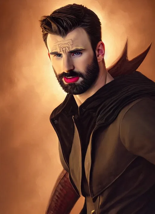 Image similar to Chris Evans as Lucifer morningstar, slight smile, highly detailed, digital painting, artstation, concept art, sharp focus, illustration, art by wlop and J. C. Leyendecker and Edmund Bliar Leighton and Charlie Bowater