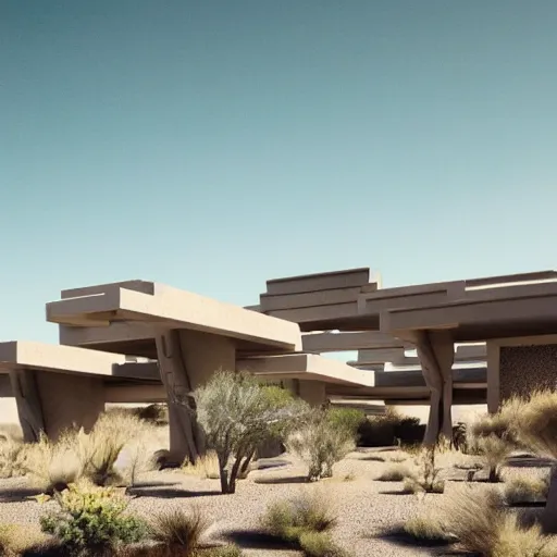 Image similar to brutalism conceptual hotel in the desert, biophilia mood, pool, garden, highly detailed, cinematic, photorealistic,