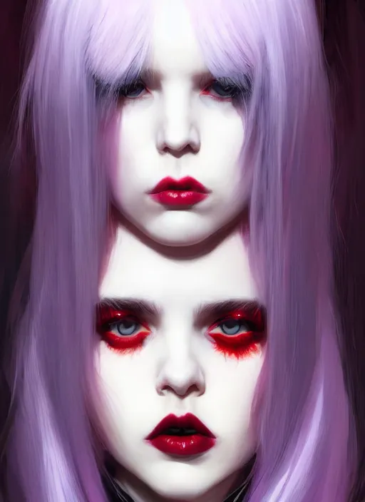 Image similar to portrait of white teenage girl, normal face, white bangs, mall goth, cyberlox, black and white hair, bangs, fluffy bangs, red contact lenses, purple lipstick, intricate, elegant, highly detailed, digital painting, artstation, concept art, sharp focus, smooth, illustration, art by wlop, mars ravelo and greg rutkowski