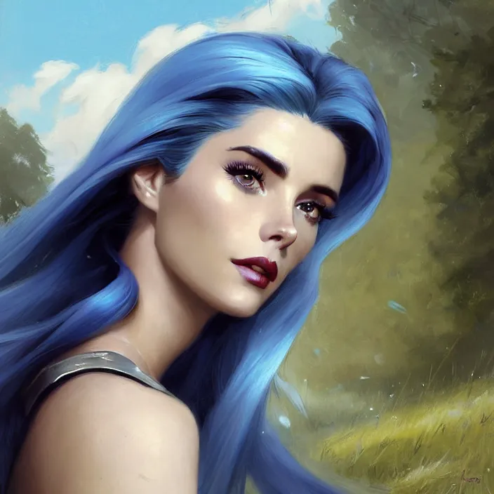 Image similar to portrait of a combination of Ashley Greene, Adriana Dxim, Grace Kelly and Lily Collins with blue hair as Syndra from League of Legends, countryside, calm, fantasy character portrait, dynamic pose, above view, sunny day, thunder clouds in the sky, artwork by Jeremy Lipkin and Giuseppe Dangelico Pino and Michael Garmash and Rob Rey and Greg Manchess and Huang Guangjian, very coherent asymmetrical artwork, sharp edges, perfect face, simple form, 100mm