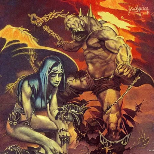 Image similar to azure dusk poison is the cure lie covenant eerie intercession, in the style of Frank Frazetta, Jeff Easley, Caravaggio, extremely clear faces coherent, clear lines, 8K revolution