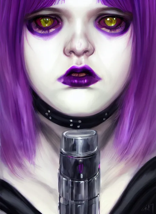 Image similar to portrait of white teenage girl, normal face, white bangs, mall goth, cyberlox, black and white hair, bangs, fluffy bangs, red contact lenses, purple lipstick, intricate, elegant, highly detailed, digital painting, artstation, concept art, sharp focus, smooth, illustration, art by wlop, mars ravelo and greg rutkowski