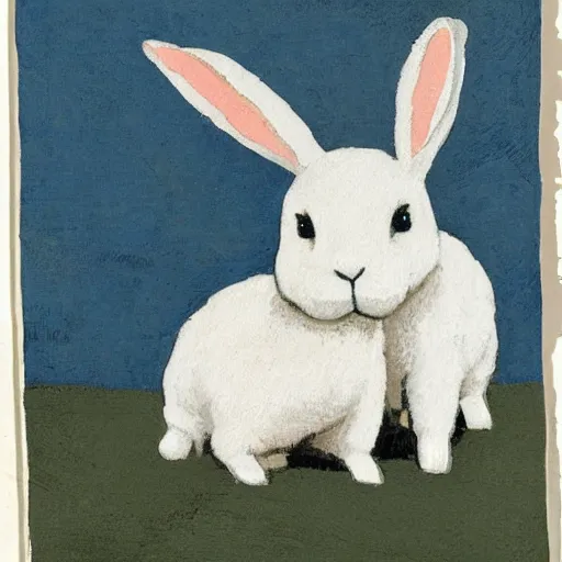 Image similar to a rabbit kissing a white alpaca's cheek in the style of gifford beal