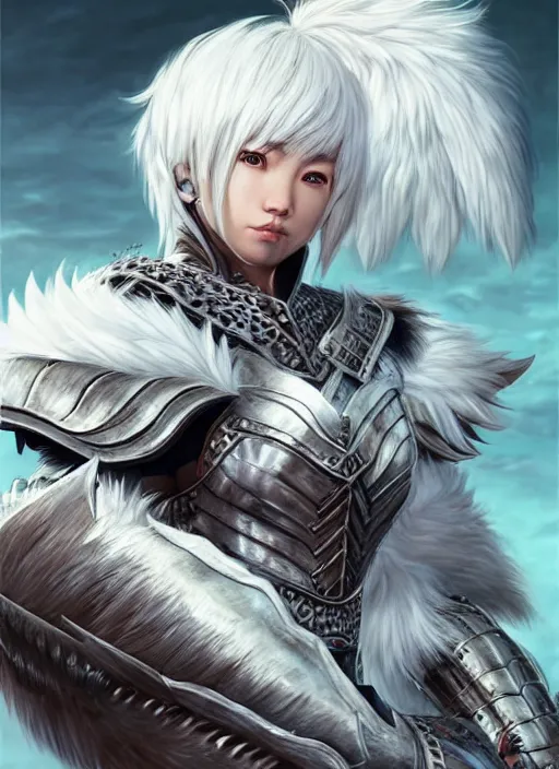 Image similar to warrior, fur - lined heavy armor!!! beautiful and athletic white hair female!! monster hunter!! character concept art, sharp focus, octane render! unreal engine 5! highly rendered!! trending on artstation!! detailed linework!! illustration by artgerm, wlop, and chie yoshii