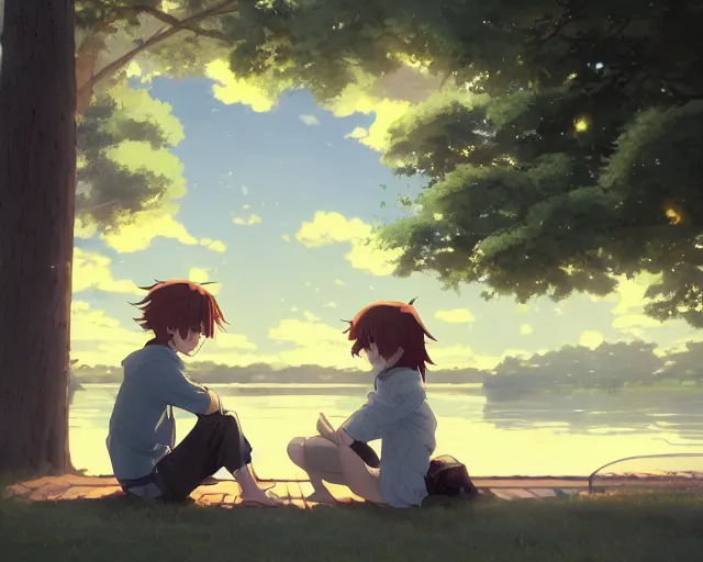 Image similar to a boy and a girl with long flowing auburn hair, boy has short black hair, sitting next to each other in one single boat. Atmospheric lighting, long shot, romantic, boy and girl are the focus, trees, blue water. Anime. By Makoto Shinkai, Stanley Artgerm Lau, WLOP, Rossdraws, James Jean, Andrei Riabovitchev, Marc Simonetti, krenz cushart, Sakimichan, D&D trending on ArtStation, digital art.