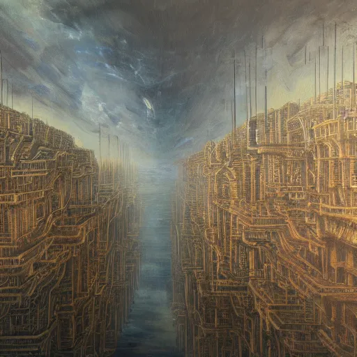 Prompt: deep oil painting of a network of conurbation between floating cities with passageways everywhere in the sky. in the style of piranesi