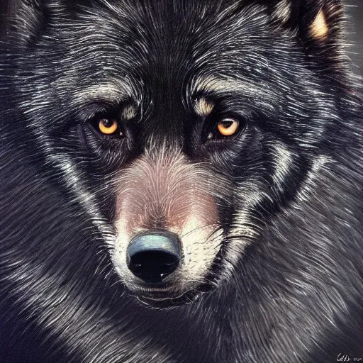 Image similar to Detailed portrait of a beautiful black wolf, dramatic lighting, dark background, bokeh, hyper realistic, HD, oil on canvas