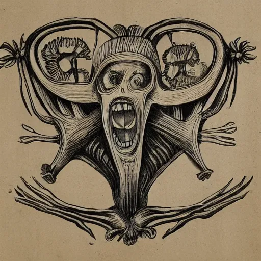 Prompt: an old coat of arms with the scream masks made of nerves, bones and veins