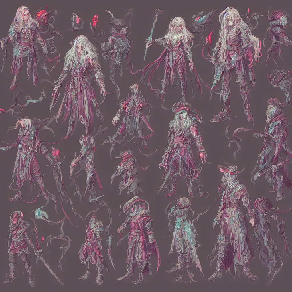 Prompt: highly detailed concept art sorcerer with long hair wearing glitch artifacted pixellated armor, cell shaded graphics, pastel red color pallete, character sheet