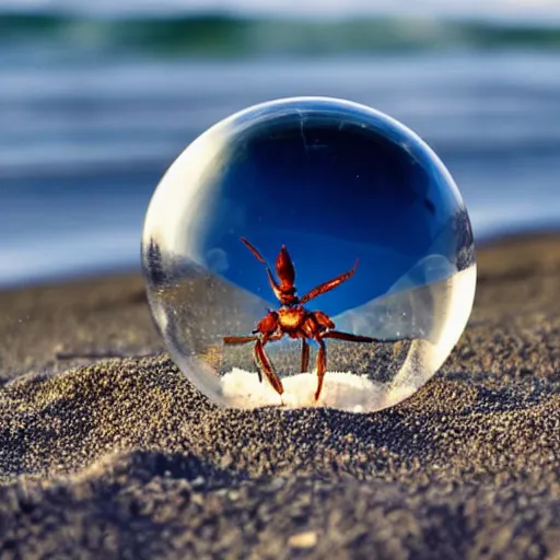 Image similar to a transparent sphere on a beach with a crab looking at it