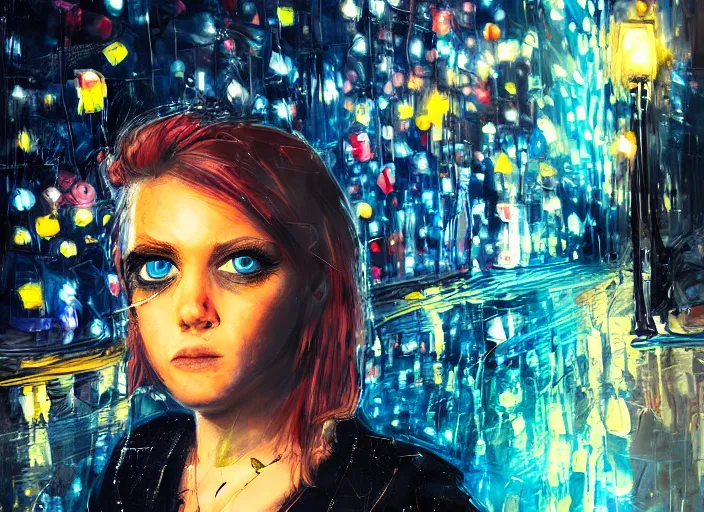 Image similar to detailed portrait of a punk girl with blue eyes in the city street at night, bokeh, long exposure, painting by enki bilal christopher doyle