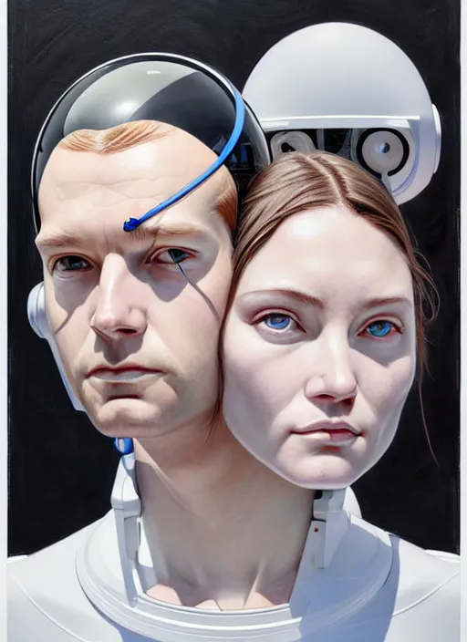 Image similar to artwork by james jean and Phil noto; a close up on the face of a beautiful man and woman in a future space suit; wearing futuristic astronaut helmet; highly detailed; pretty eyes; circular black pupils; artwork by james jean and Phil noto