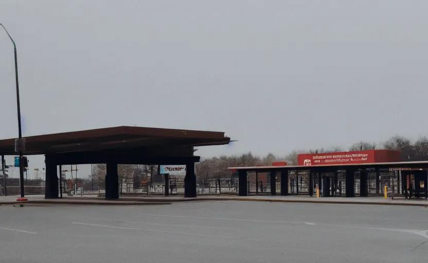 Image similar to exterior of the port byron travel plaza bus station in upstate buffalo new york, moody scene directed by charlie kaufman ( 2 0 0 1 ), anamorphic lenses, kodak color film stock, foggy volumetric light morning, cinematic trending on artstation