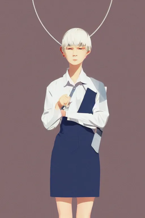 Image similar to a cute girl with shoulder - length white short hair wearing school uniform, mauve background, white hair, dark blue clothes double ball head, sharp focus, pure background color, illustration, morandi color scheme, art station, by ilya kuvshinov