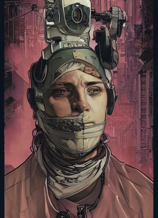 Image similar to cyberpunk surgeon. night vision. portrait by ashley wood and alphonse mucha and laurie greasley and josan gonzalez and james gurney. spliner cell, apex legends, rb 6 s, hl 2, d & d, cyberpunk 2 0 7 7. realistic face. dystopian setting.