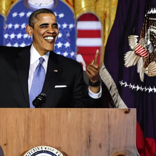 Prompt: presidential photo of Obese Obama holding a gun, press conference, laughing, giggling