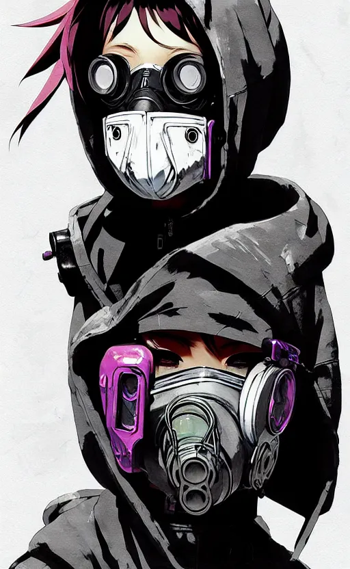 Image similar to cyberpunk anime girl in hoodie, cyberpunk gas mask, 3 / 4 shot, street night, grafity, beautiful face, grafity, arcane, action, tokyo street, detail, good face, pose model, concept art, in style of yoji shinkawa, pan ren wei, col price, atey ghailan, by greg rutkowski, aesthetic