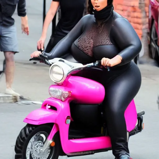 Prompt: a paparazzi photo of extremely obese Kim Kardashian riding a pink moped, her mouth is wide open, award winning