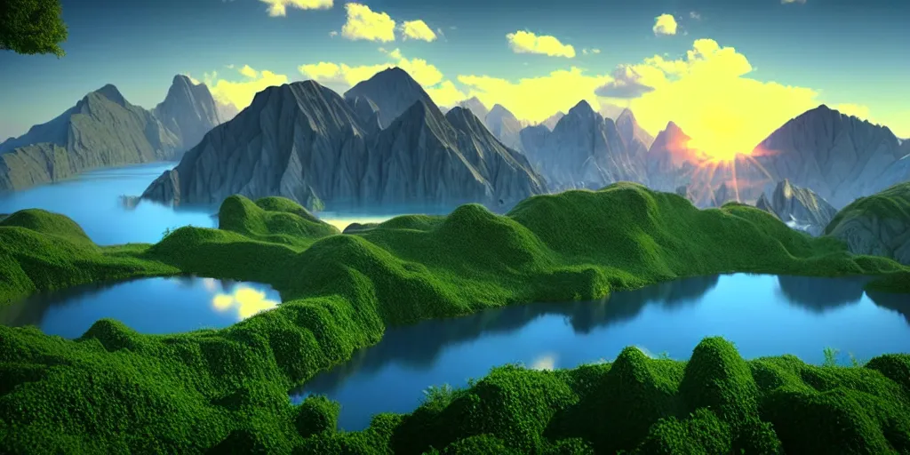 Prompt: a beautiful landscape, sun rises between two mountains, a lake in between the mountains, green, lush vegetation, blue sky, cloudy, 3 d artwork by john stephans, unreal engine 5, extremely detailed, hyper realism