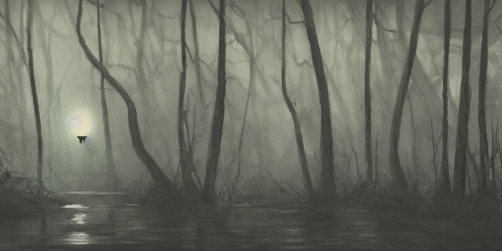 Prompt: painting of a mysterious light glowing in a murky swamp, muted colors, creepy