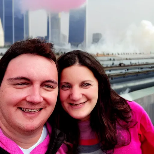 Image similar to a close up of a smiling couple of parents to be, in front of 9 / 1 1 with pink smoke, award winning