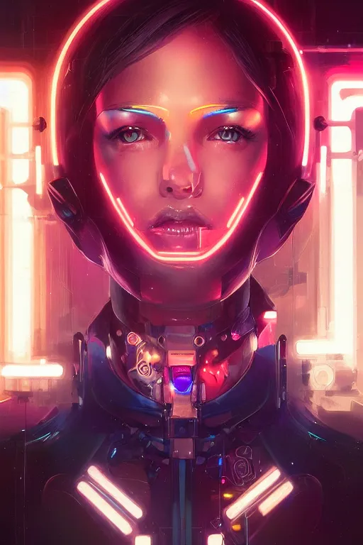 Prompt: portrait of a trippy cyborg girl with biotechnical parts and neon light by Artgerm and Greg Rutkowski , digital painting, highly detailed, trending on artstation