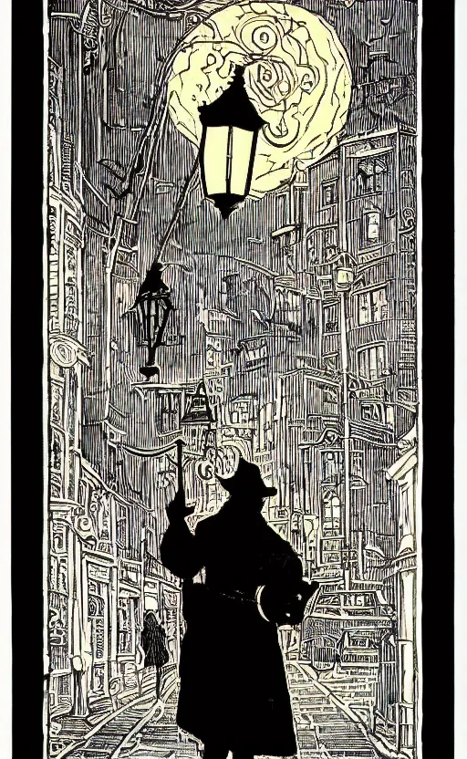 Prompt: black paper tarot card a lamplighter turning on a lamppost on a street, latticework in the style of vintage detailed illustration designed by marc simonetti and mike mignola black light style intricate ink illustration