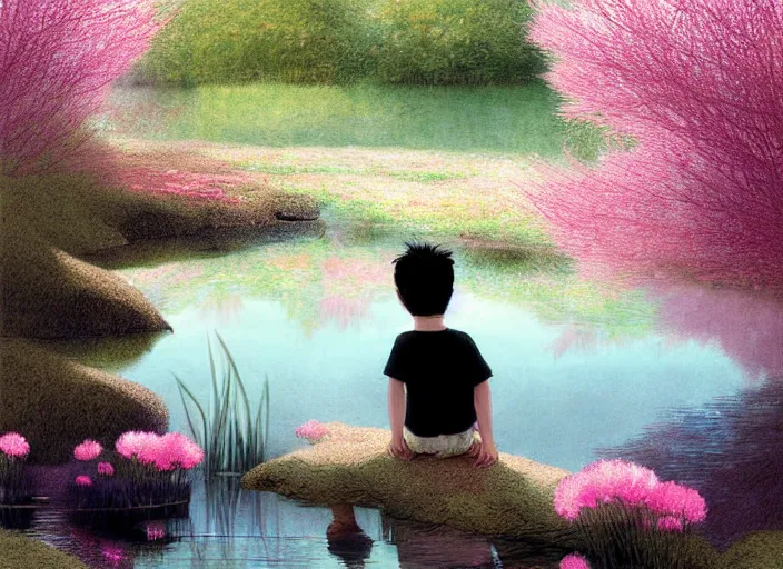 Image similar to pink haired boy backlit staring at black haired boy from across a pond, by alan lee, muted colors, springtime, colorful flowers & foliage in full bloom, sunlight filtering through trees & skin, digital art, art station cfg _ scale 9