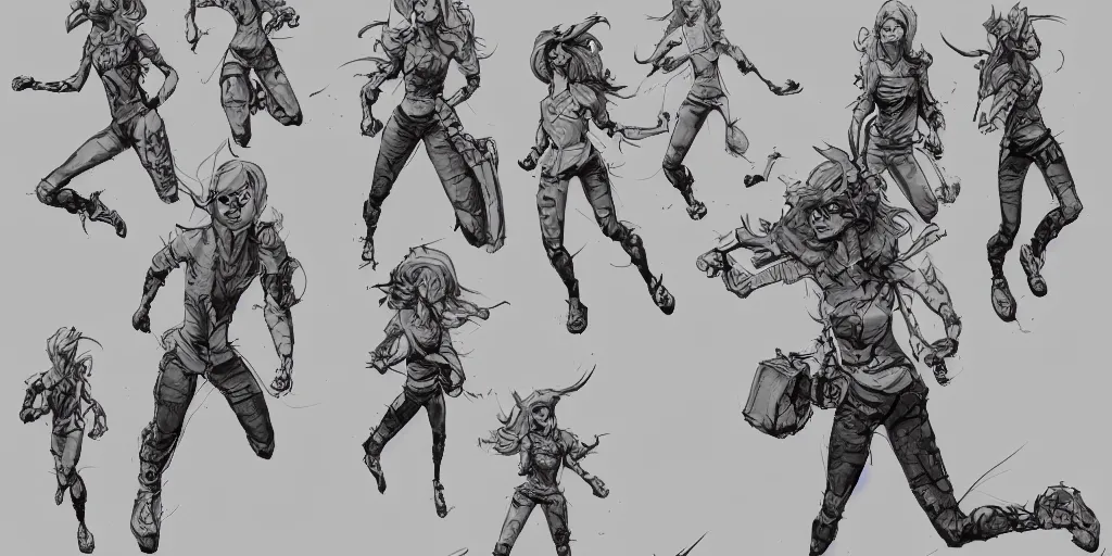 Image similar to cartoonish brigitte bardot running, character sheet, fine details, concept design, contrast, kim jung gi, greg rutkowski, trending on artstation, 8 k, full body, turnaround, front view, back view, ultra wide angle