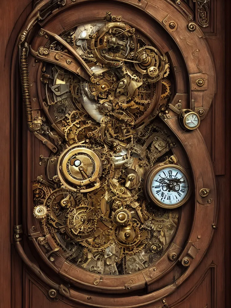 Prompt: HD digital art detailed steampunk door with mechanical clocks by James Gurney, cgsociety, artstation