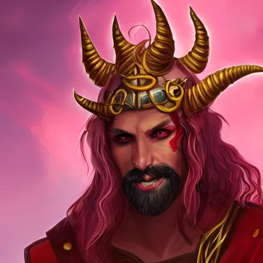 Prompt: dnd portrait of a tiefling, male, red scales, a big black beard, completely golden eyes, 1 curved horn growing out of his forehead, one broken horn growing out of his forehead,