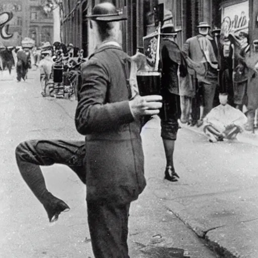 Image similar to 1 9 2 0 s photo of bender drinking beer on the street during prohibition, hd, vintage