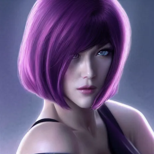 Image similar to A combination of Katheryn Winnick's and Grace Kelly's and Katherine McNamara's faces with short violet hair as Motoko Kusanagi from Ghost in The SHell, western, D&D, fantasy, intricate, elegant, highly detailed, digital painting, artstation, concept art, matte, sharp focus, illustration, art by Artgerm and Greg Rutkowski and Alphonse Mucha