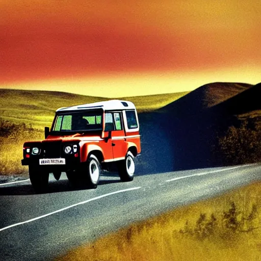 Image similar to land rover discovery driving down a windey road with noctoluminescent clouds in the sky, simplistic style, 1 9 8 0 s poster style