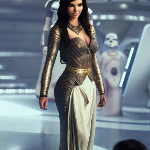 Image similar to victoria justice with kim kardashian body as princess padme in star wars episode 3, 8 k resolution, cinematic lighting, anatomically correct