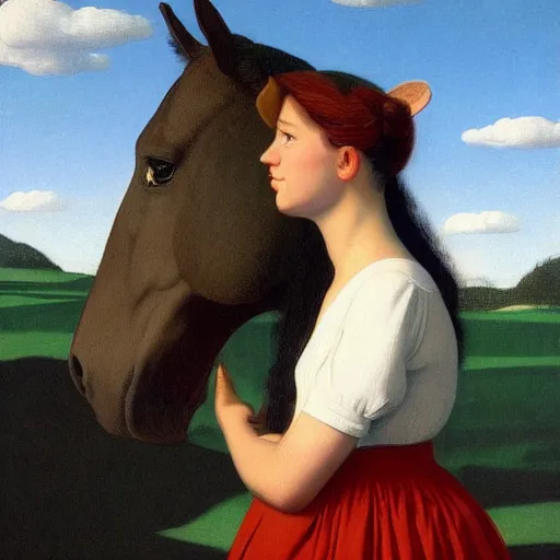 Image similar to a horse-person by Raphael, Hopper, and Rene Magritte. detailed, romantic, enchanting, trending on artstation.